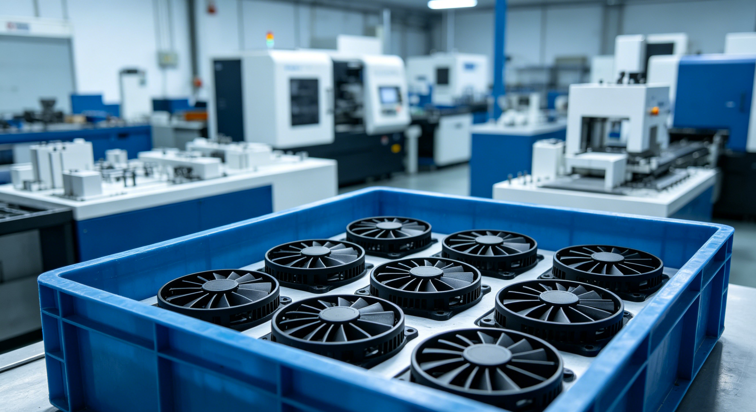Batch of black injection molded fan components in production tray