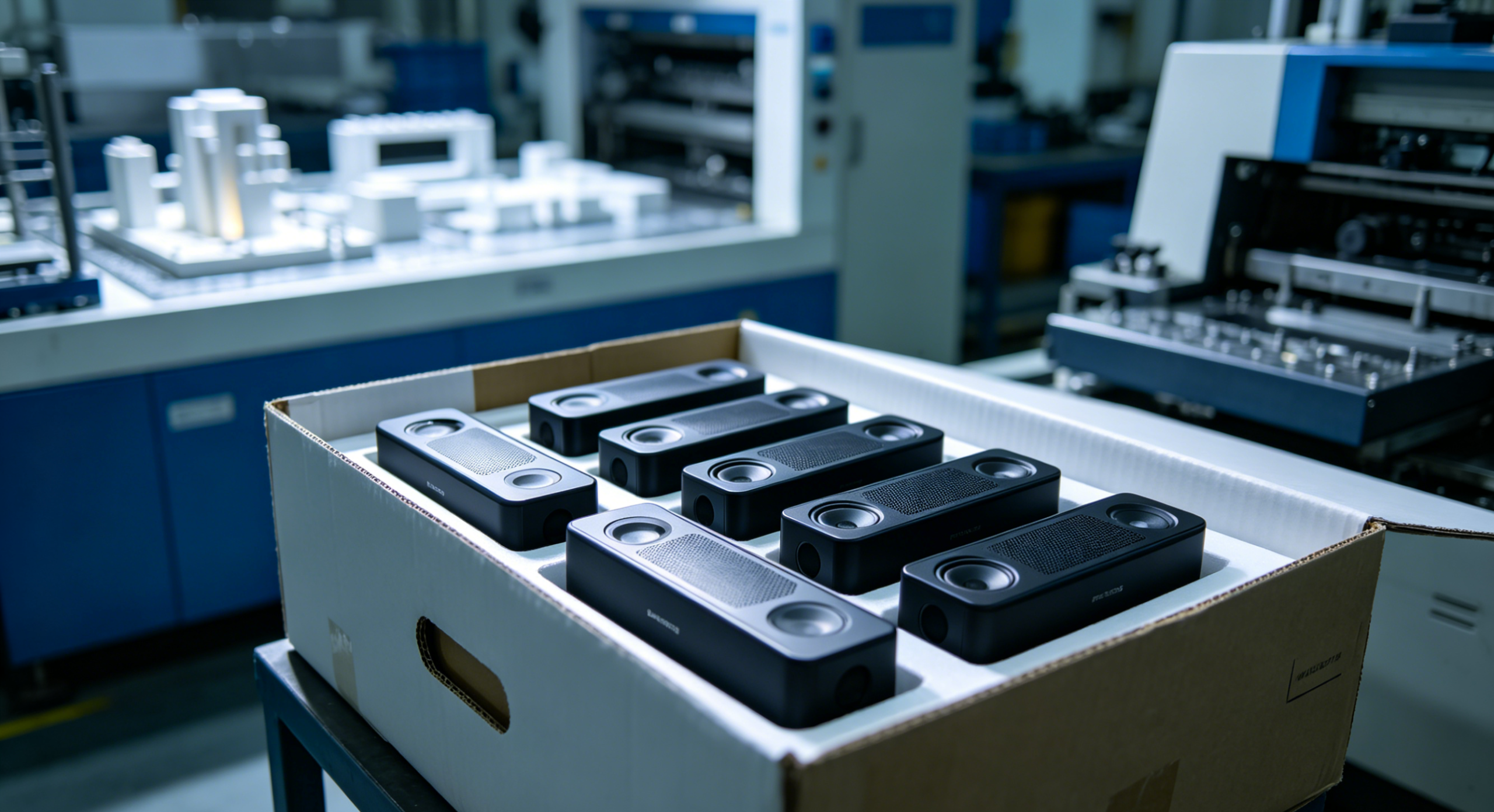 Batch production of black plastic enclosures before packing