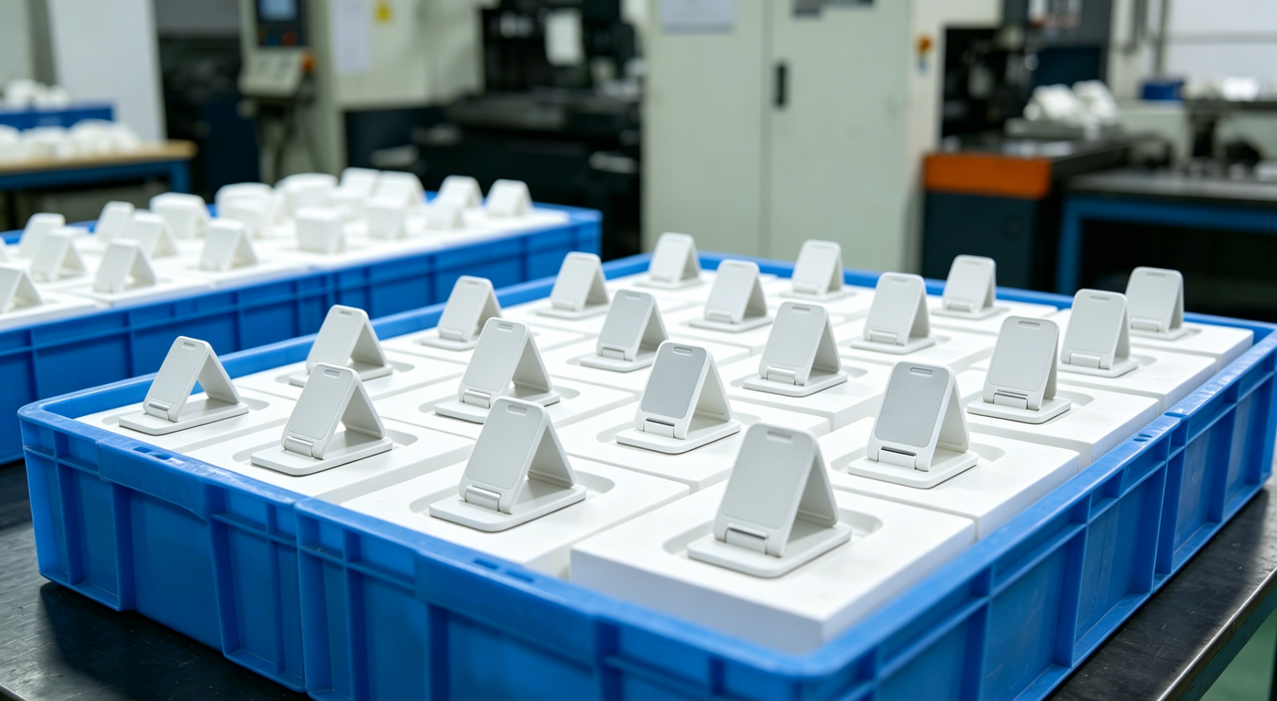 Custom white injection molded plastic parts arranged for review