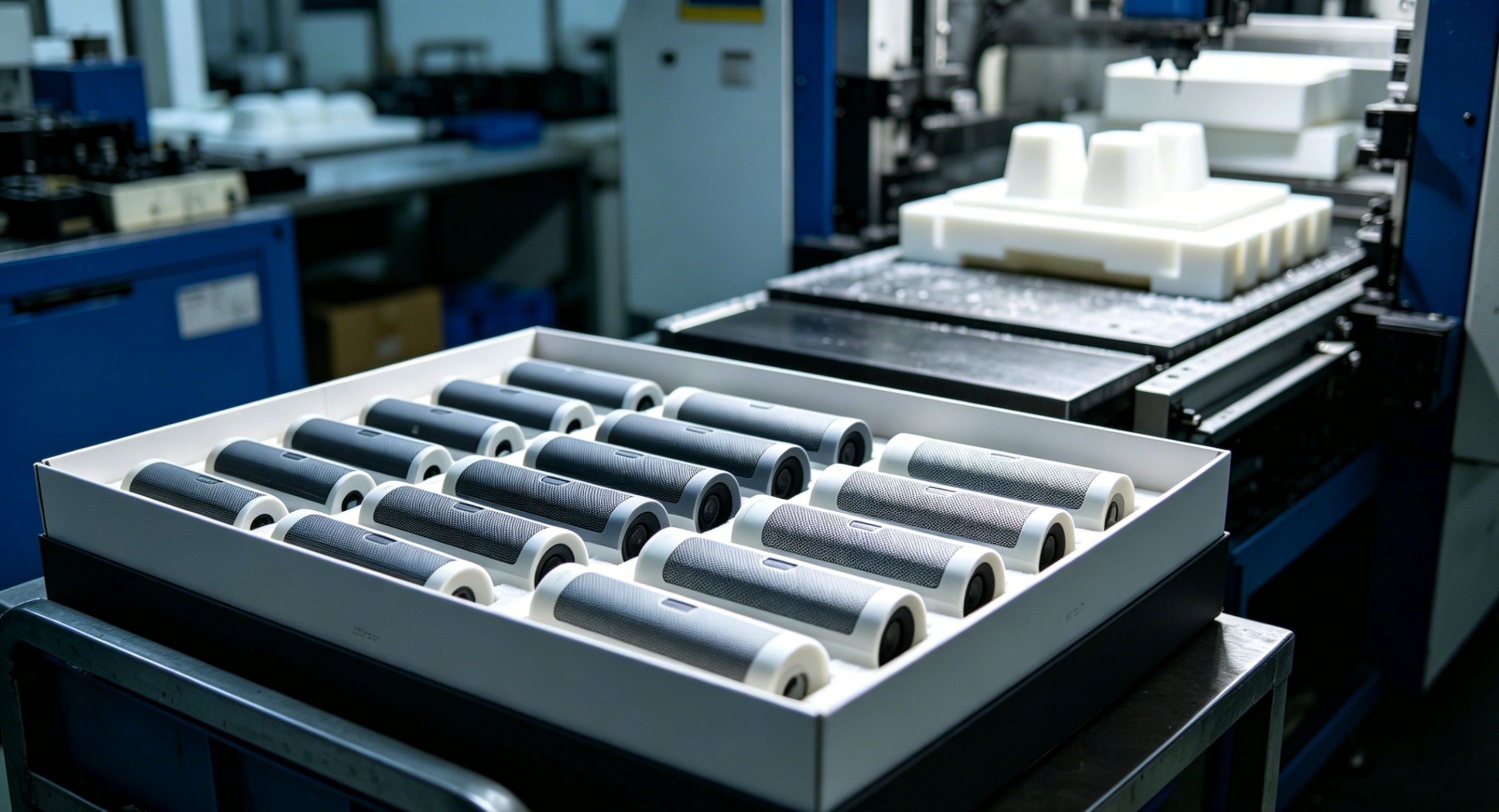 Finished injection molded plastic parts prepared for inspection and packing