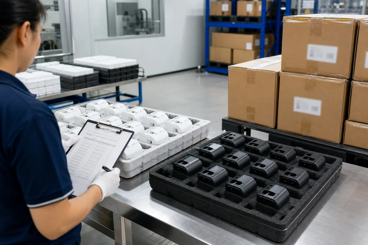 Finished plastic parts organized in trays for export packing