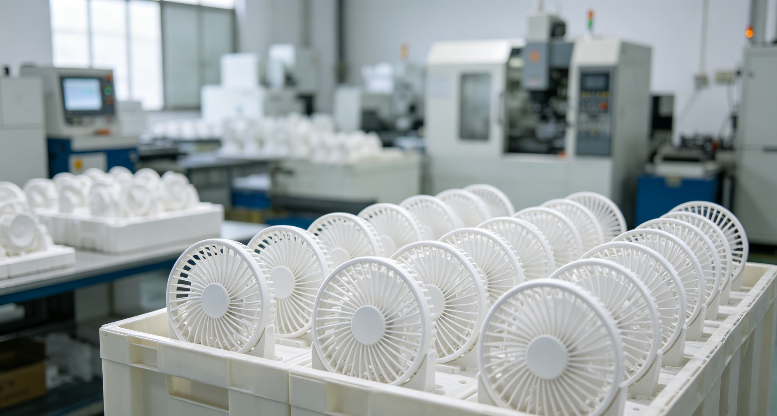 White PP injection molded fan parts example