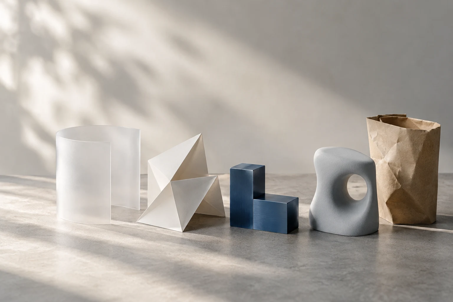 Conceptual studio study of material-like forms in navy, ivory, and kraft tones.
